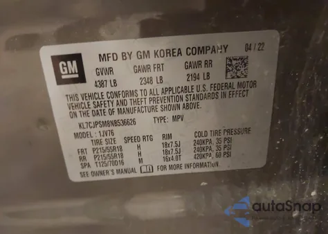 2022 Chevrolet Trax Awd Lt from USA, damaged, VIN KL7CJPSM8NB536626